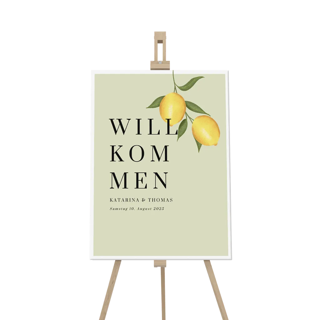 Willkommensschild mit Zitronen und mediterranem Design