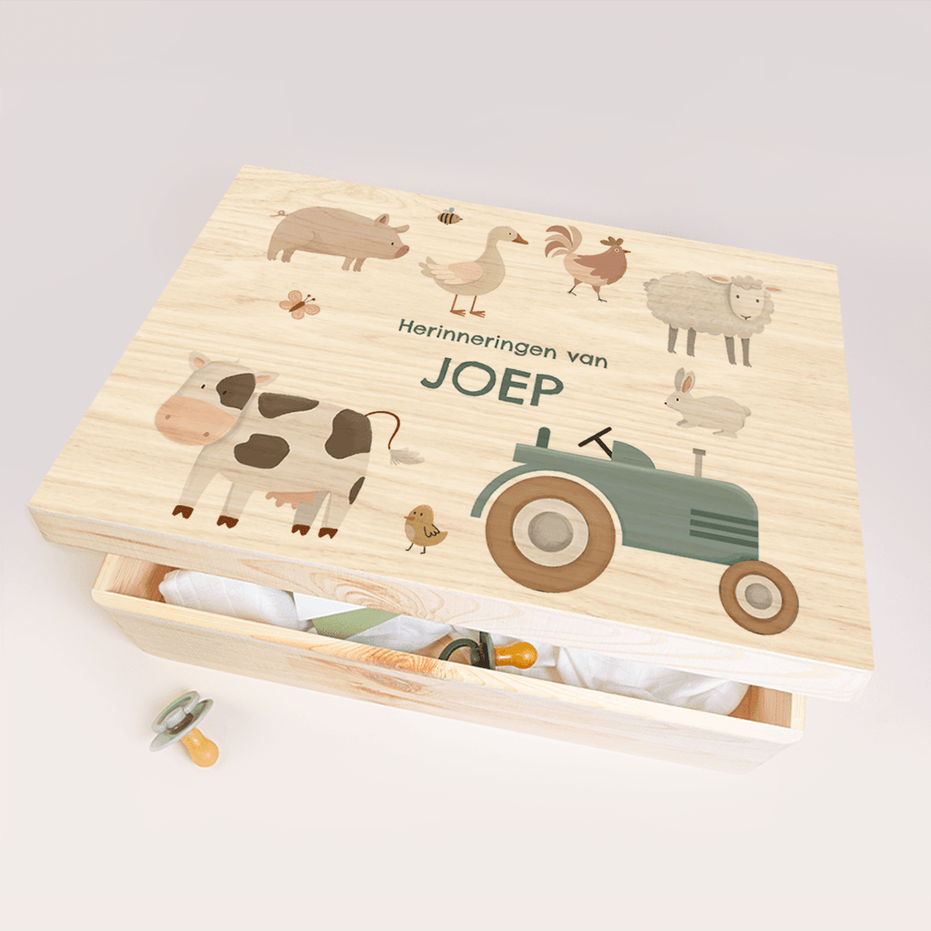 Stoere memorybox met boerderijdieren en naam