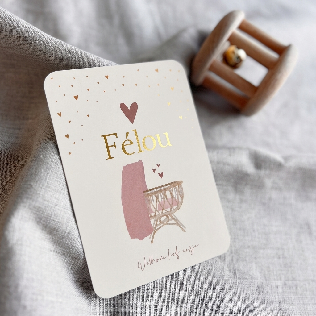 Geboortekaartje Meisje Wiegje Roze Hartjes