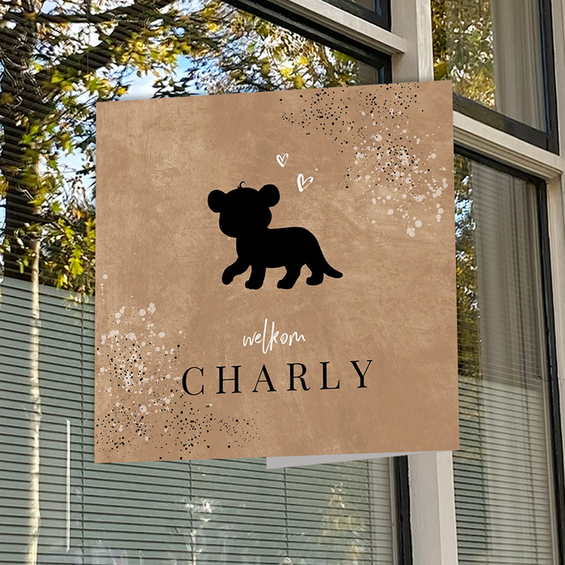 Bruin geboortebord met silhouet leeuwtje