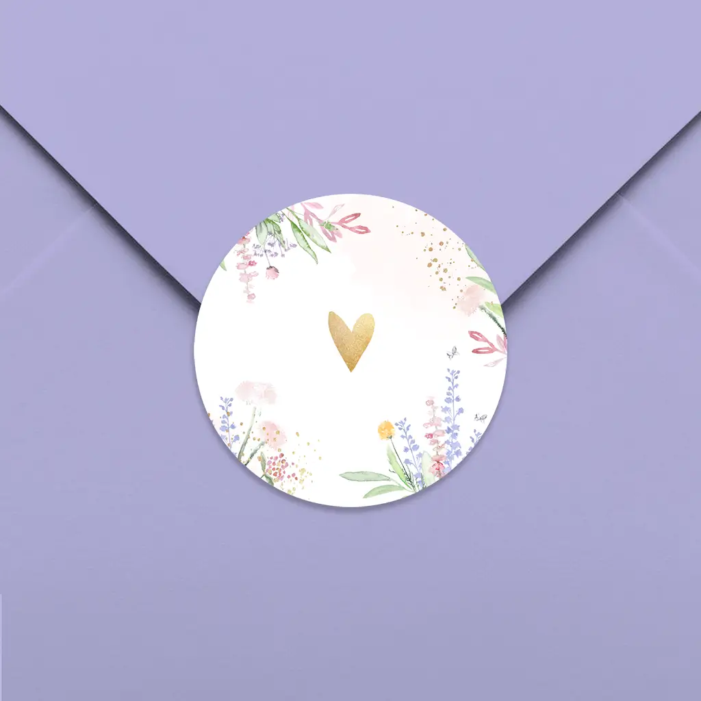 Vrolijke sluitsticker met watercolour, hartje en bloemen - per 25 stuks