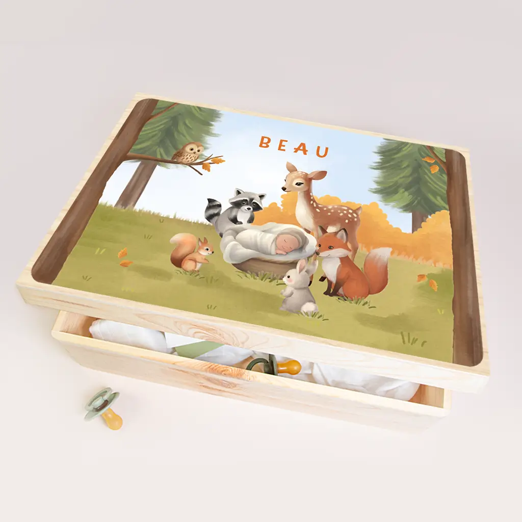 Memorybox baby herfst met bosdieren en blauwe lucht