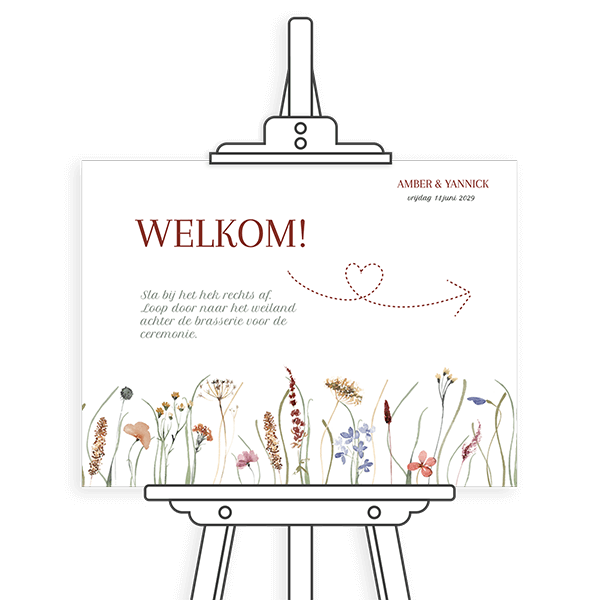 Welkomstbord met bloemen en informatie