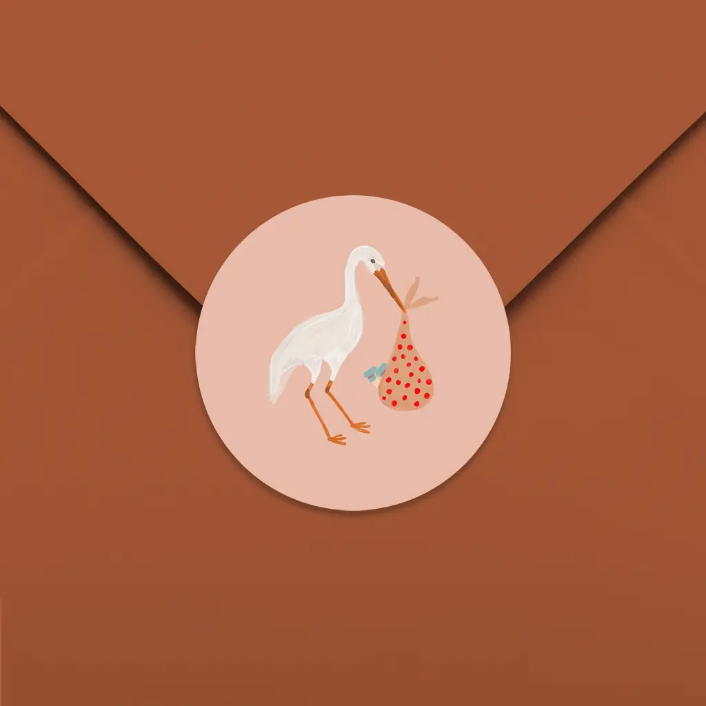 Sluitsticker met ooievaar en kindje - per 25 stuks