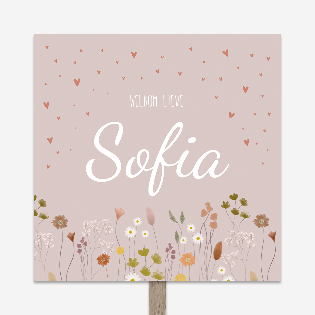 Tuinbord Geboorte Bloemetjes Roze Hartjes Vrolijk