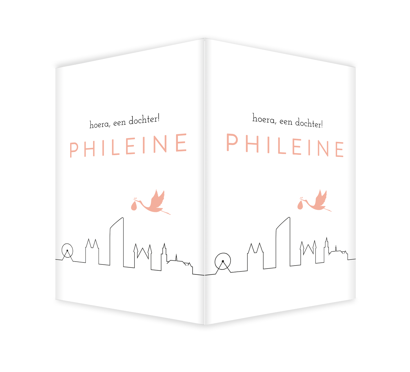 Geboortebord met roze ooievaar en skyline Den Haag