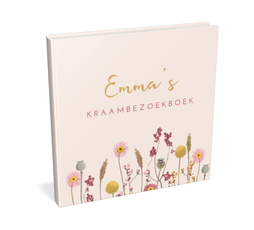 Zachtroze kraambezoekboek met rand van kleurrijke bloemen
