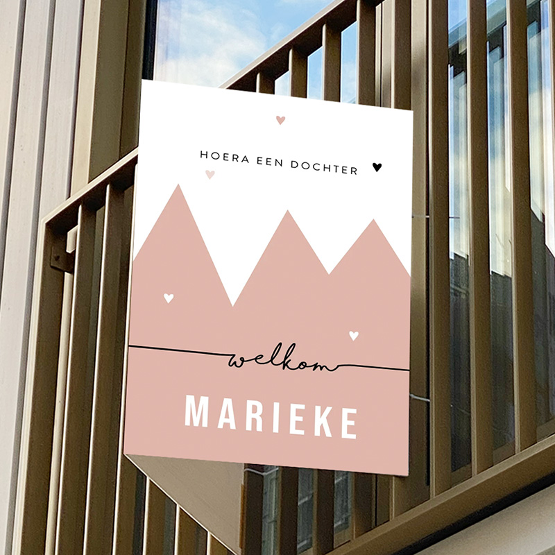 Geboortebord met hartjes en roze bergen