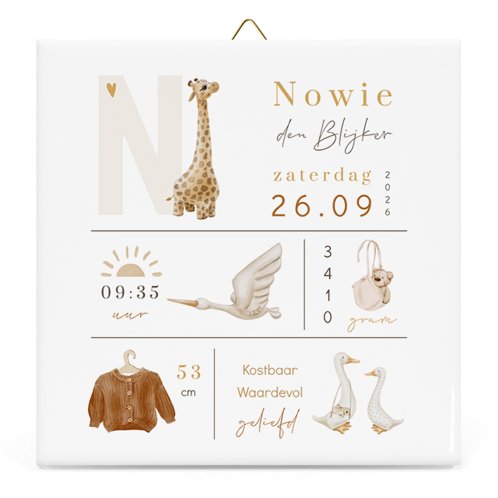 Neutraal geboortetegeltje voorletter, geboortegegevens en illustraties