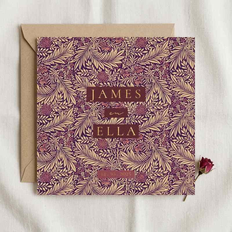 Trouwkaart romantisch bloemenpatroon goudfolie
