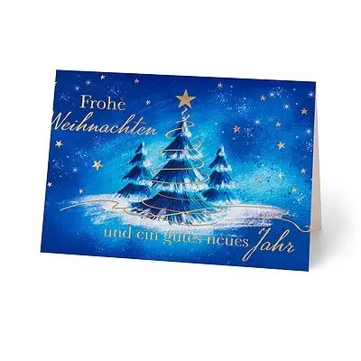 Geschäftliche Weihnachtskarte blauer Tannenwald mit Goldfolienprägung 
