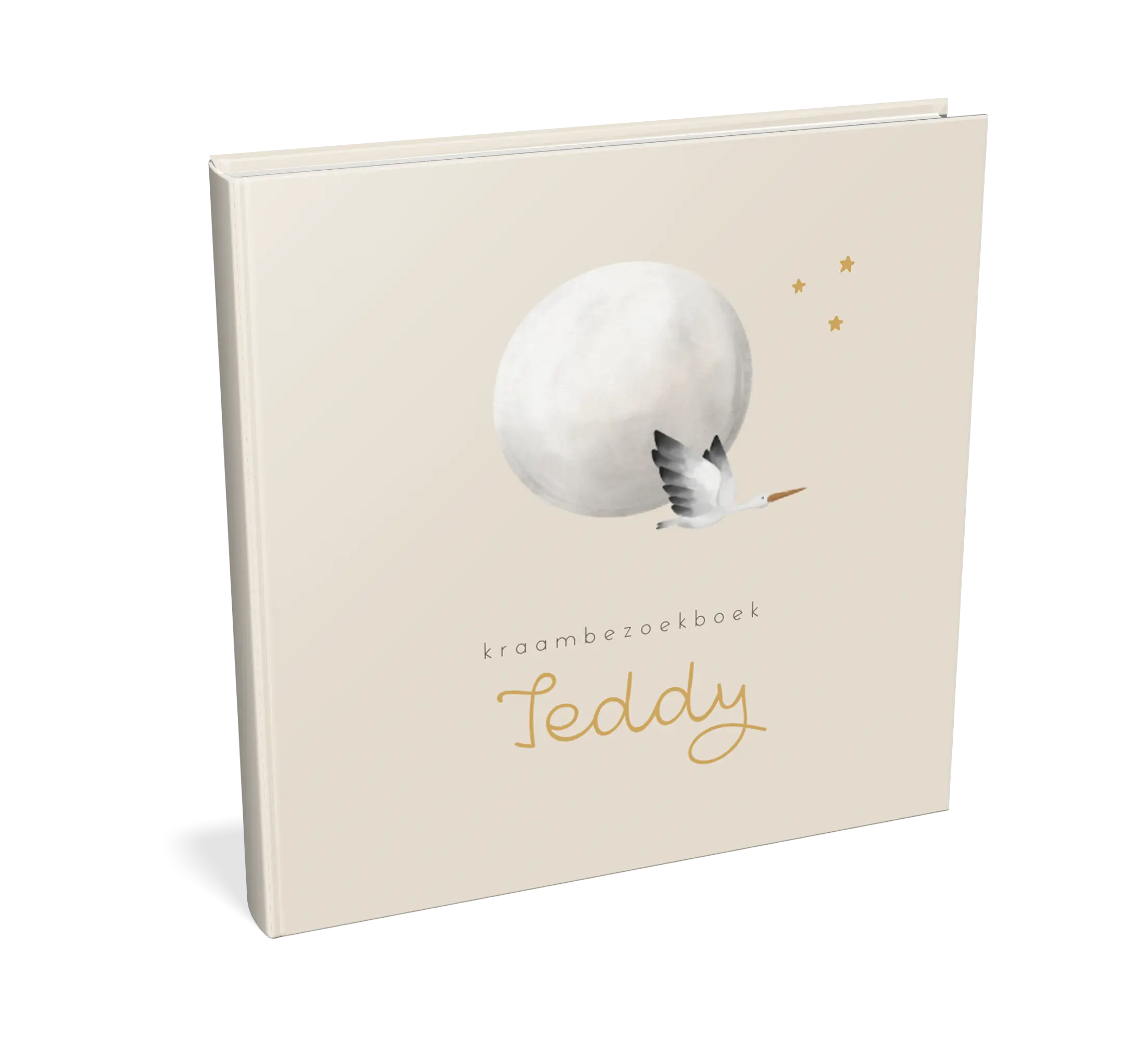 Kraambezoekboek beige met maan, ooievaar en sterren - met invulpagina's