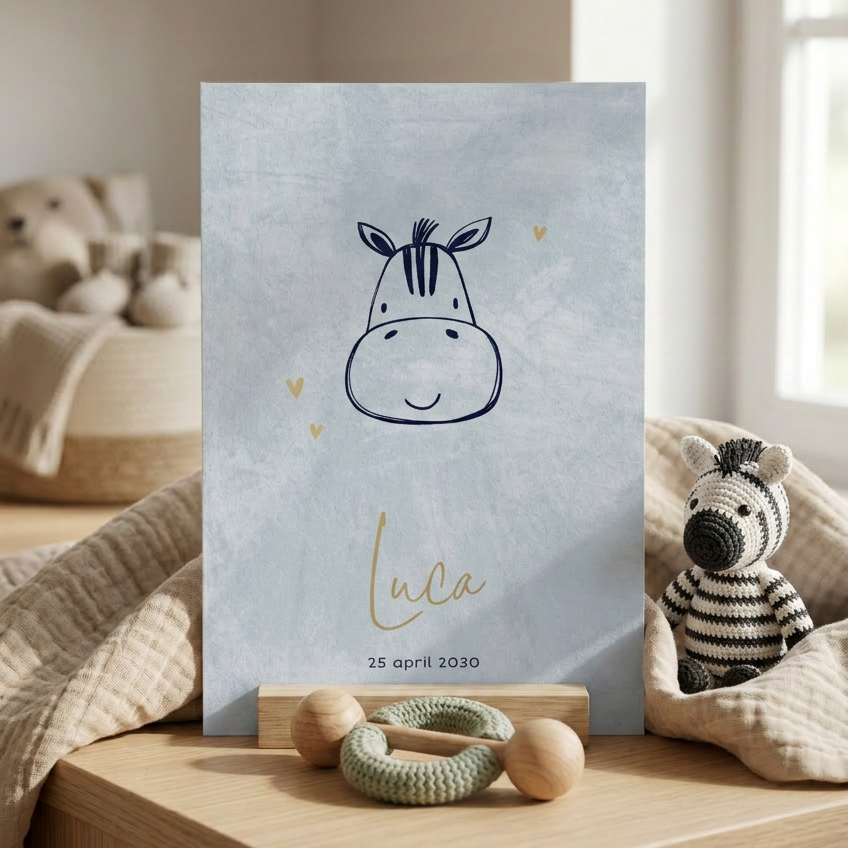Stoer blauw geboortekaartje met zebra