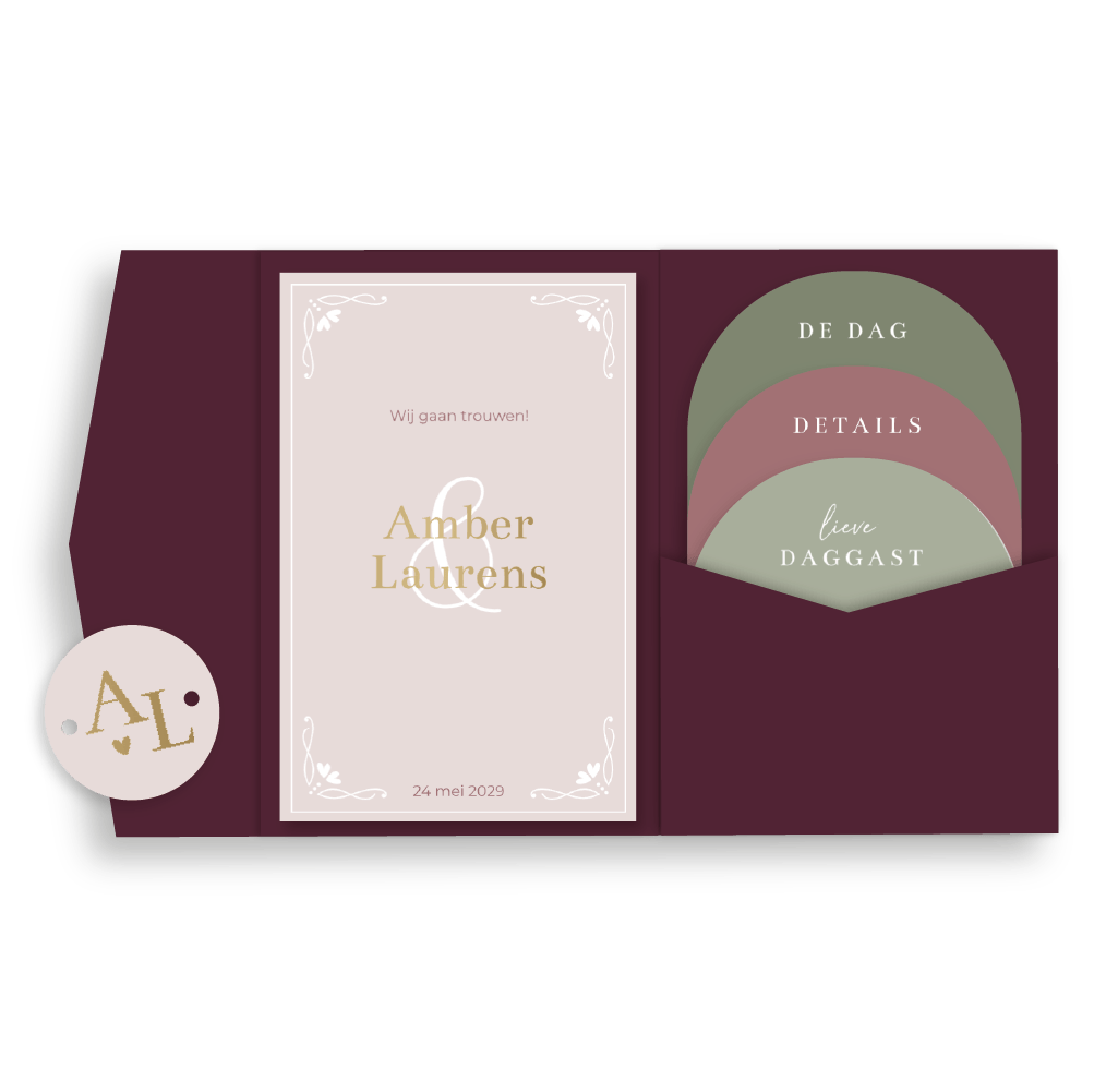 Pocketfold trouwkaarten set| Klassieke ornamenten & mat goudfolie