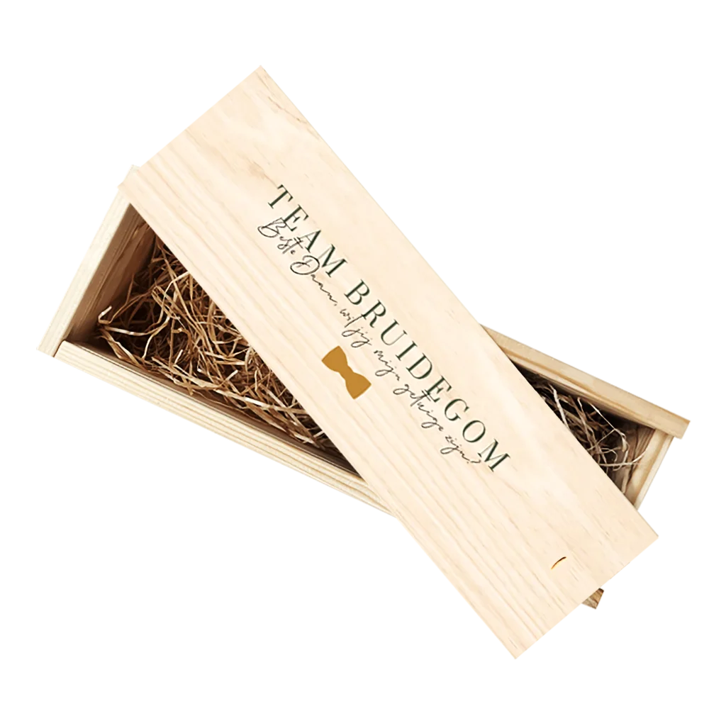 Gepersonaliseerde wijnkist getuige vragen strik