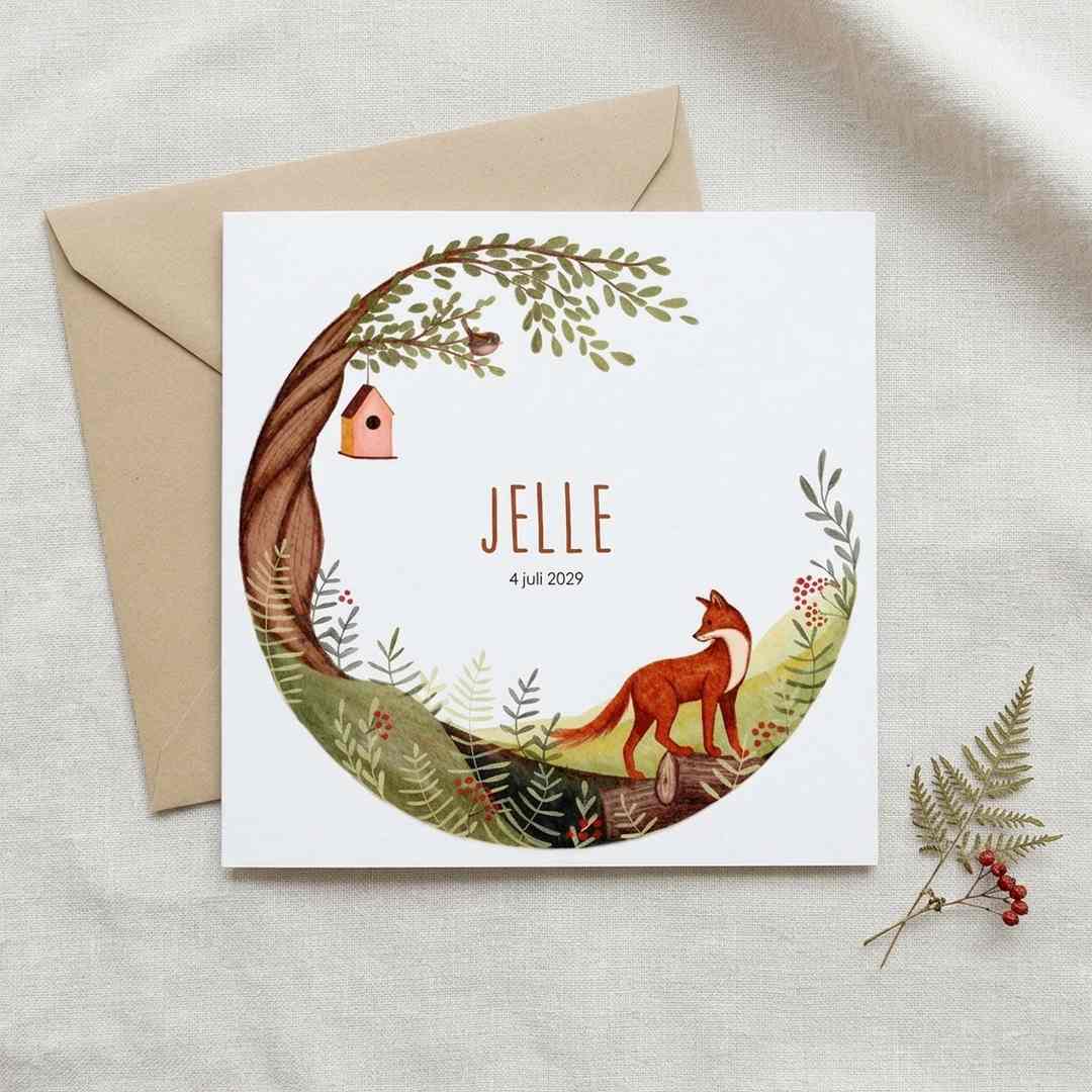Geboortekaartje unisex vos bos boom vogel x Hannah
