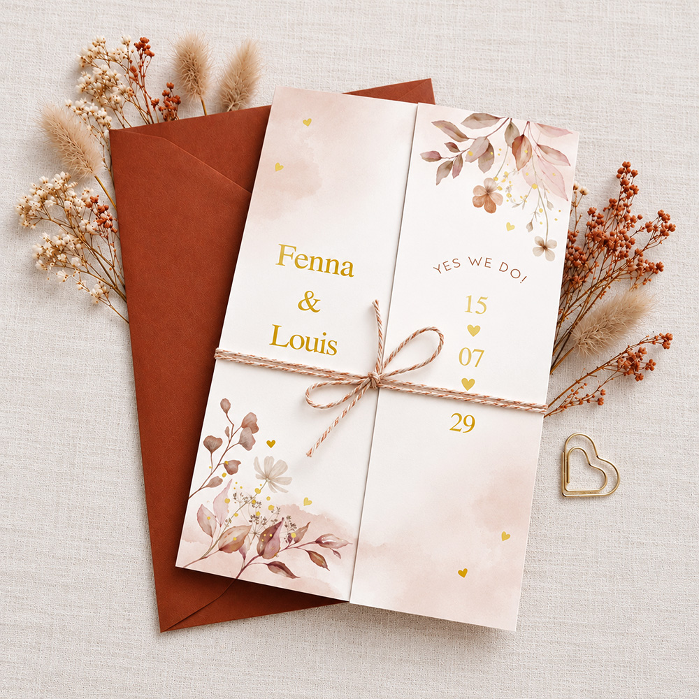 Romantische drieluik trouwkaart terracotta flowers goudfolie