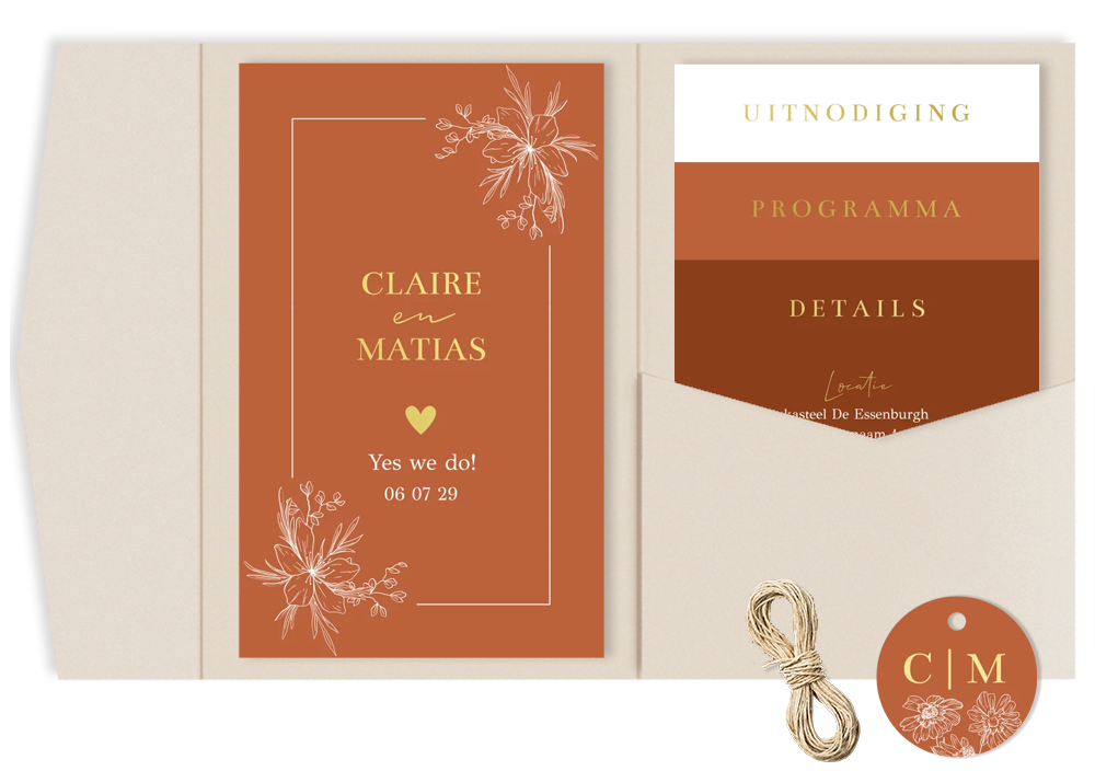 Pocketfold set trouwkaart bloemen roestbruin goudfolie