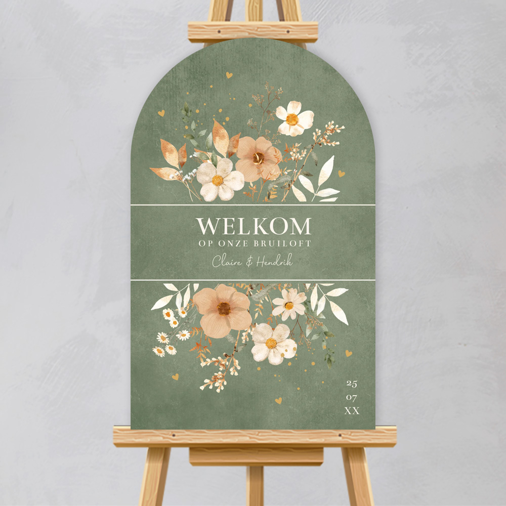Bruiloftsbord groen beige bloemen boog | 46 x 73 cm