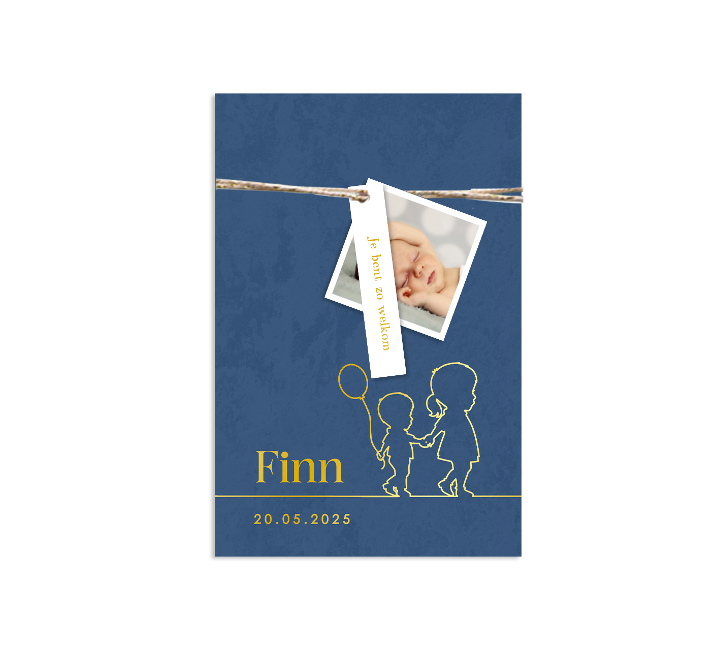 Blauw label geboortekaartje met lijntekening broertje en grote zus