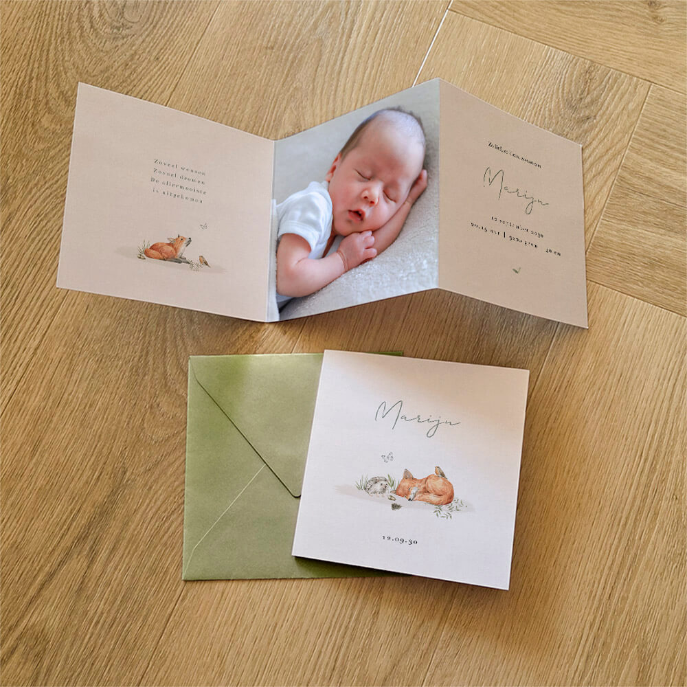 Neutraal zigzag geboortekaartje met bosdieren en eigen foto
