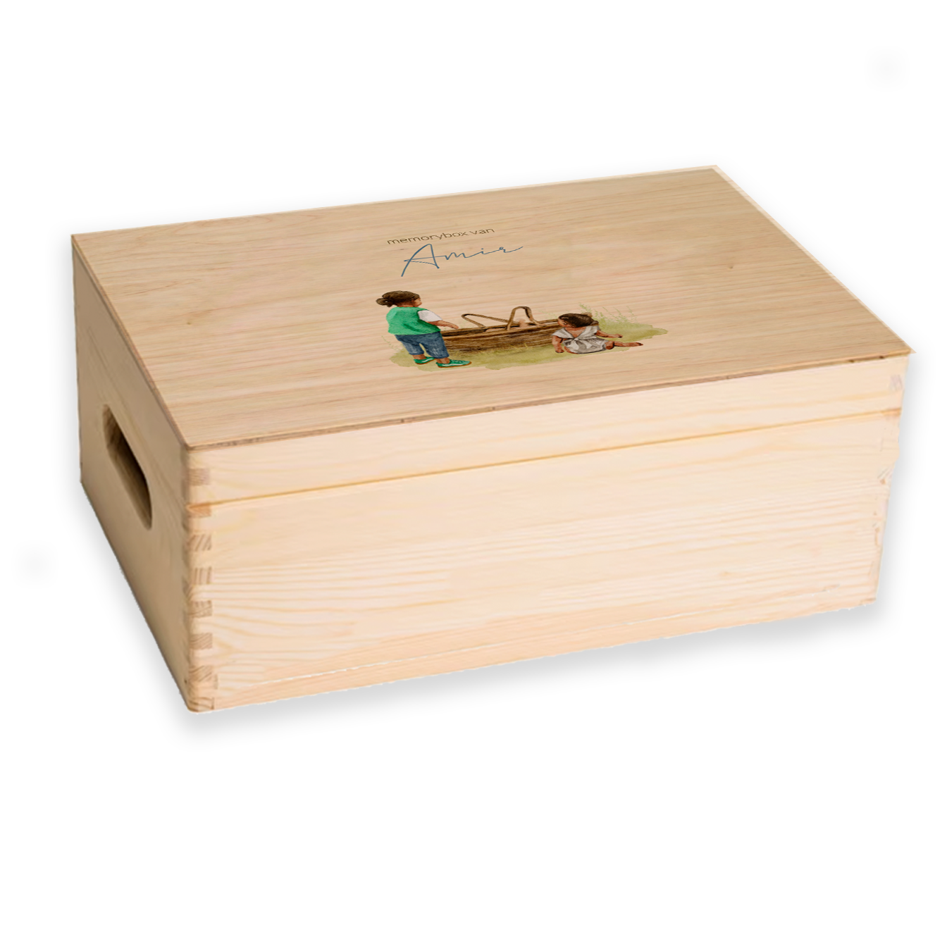 memorybox voor een donker kindje met zussen bij mandje in lente
