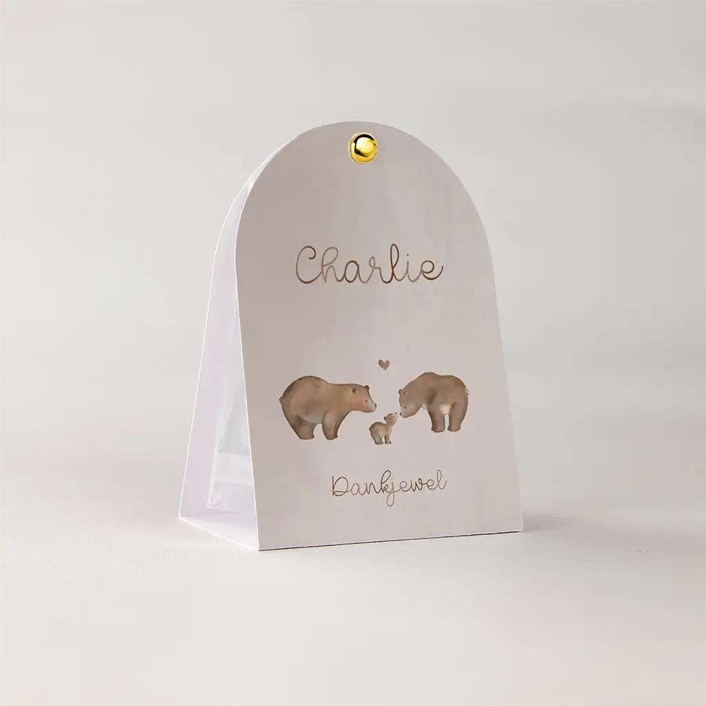 Doopsuiker snoepzakje bruin met lieve berenfamilie in hoogglans