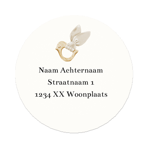 Ronde adressticker met illustratie babyspeelgoed