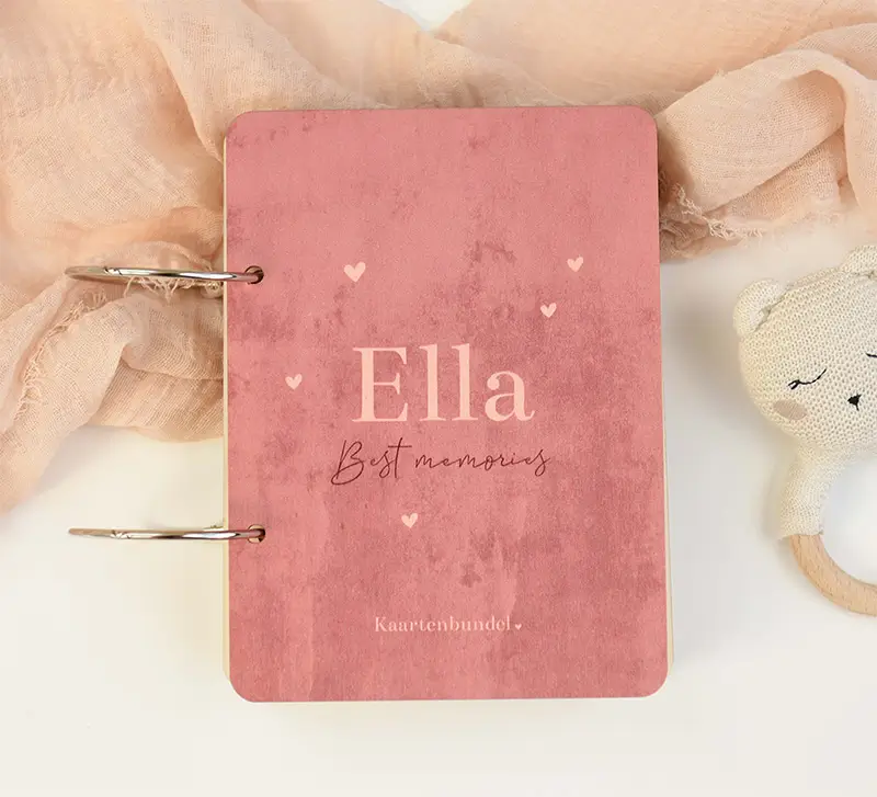 Bewaarbundel geboortekaartje roze met velvet-look en hartjes