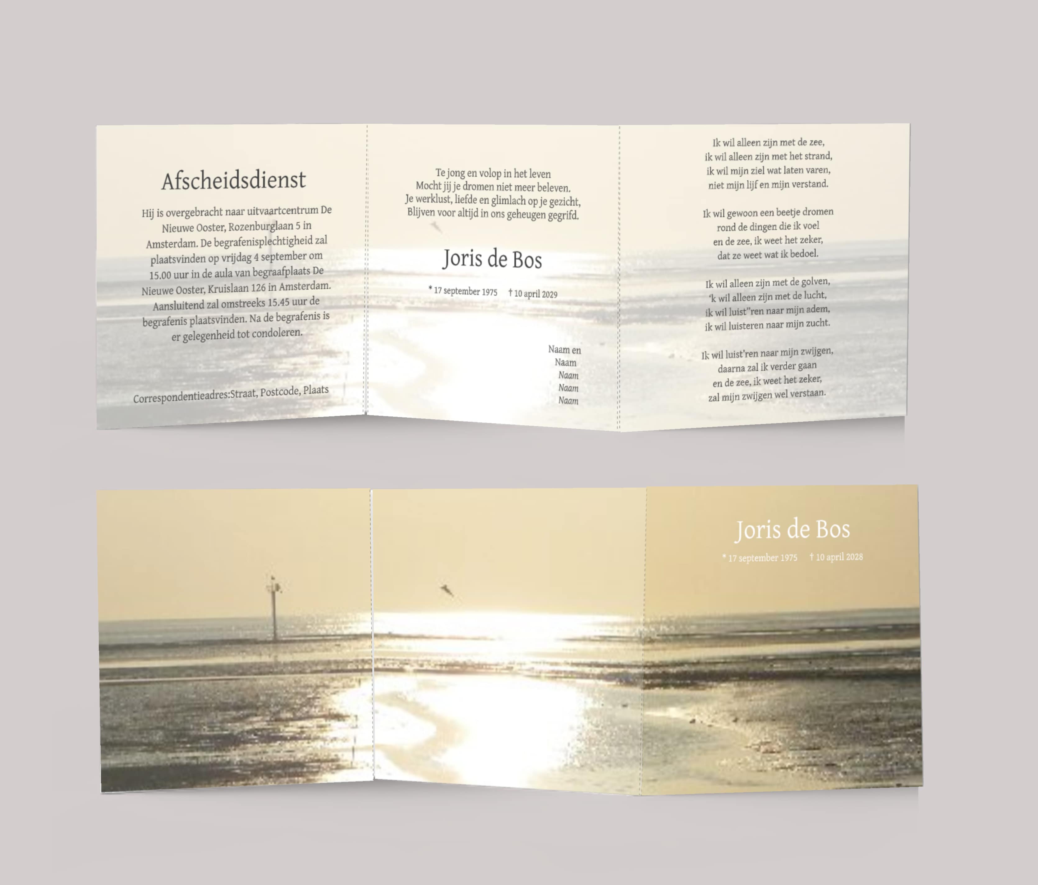 Drieluik rouwkaart man met zee en ondergaande zon