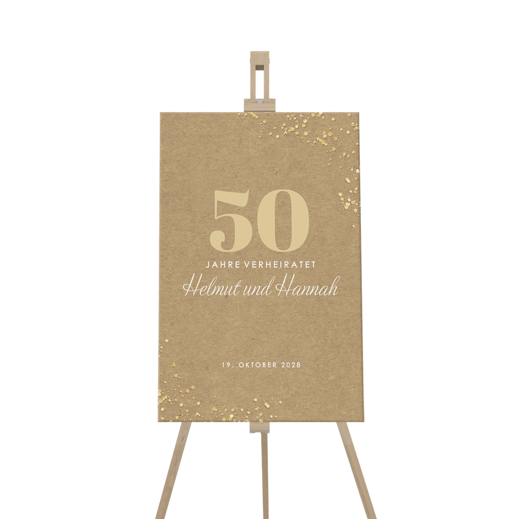 Willkommensschild zur Goldenen Hochzeit mit großer 50 und Goldtupfern