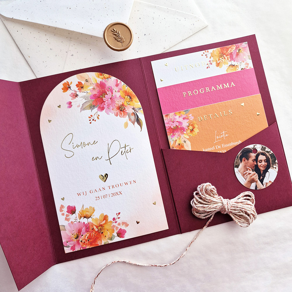 Pocketfold trouwkaart Pink Orange bloemen goudfolie