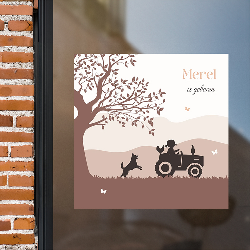 Roze raamsticker tractor met meisje en hond