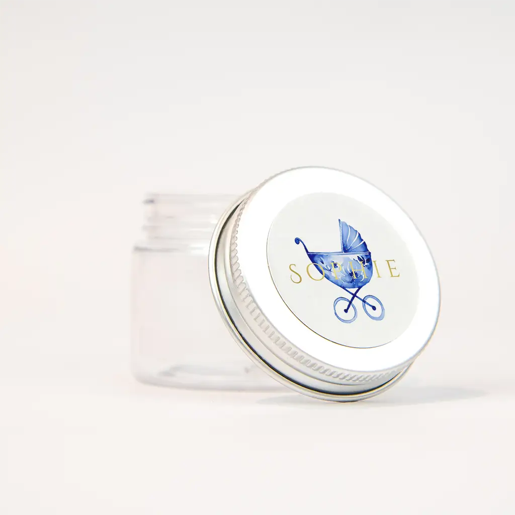 Goudfolie naamsticker met kinderwagen in delfts blauw - per vel