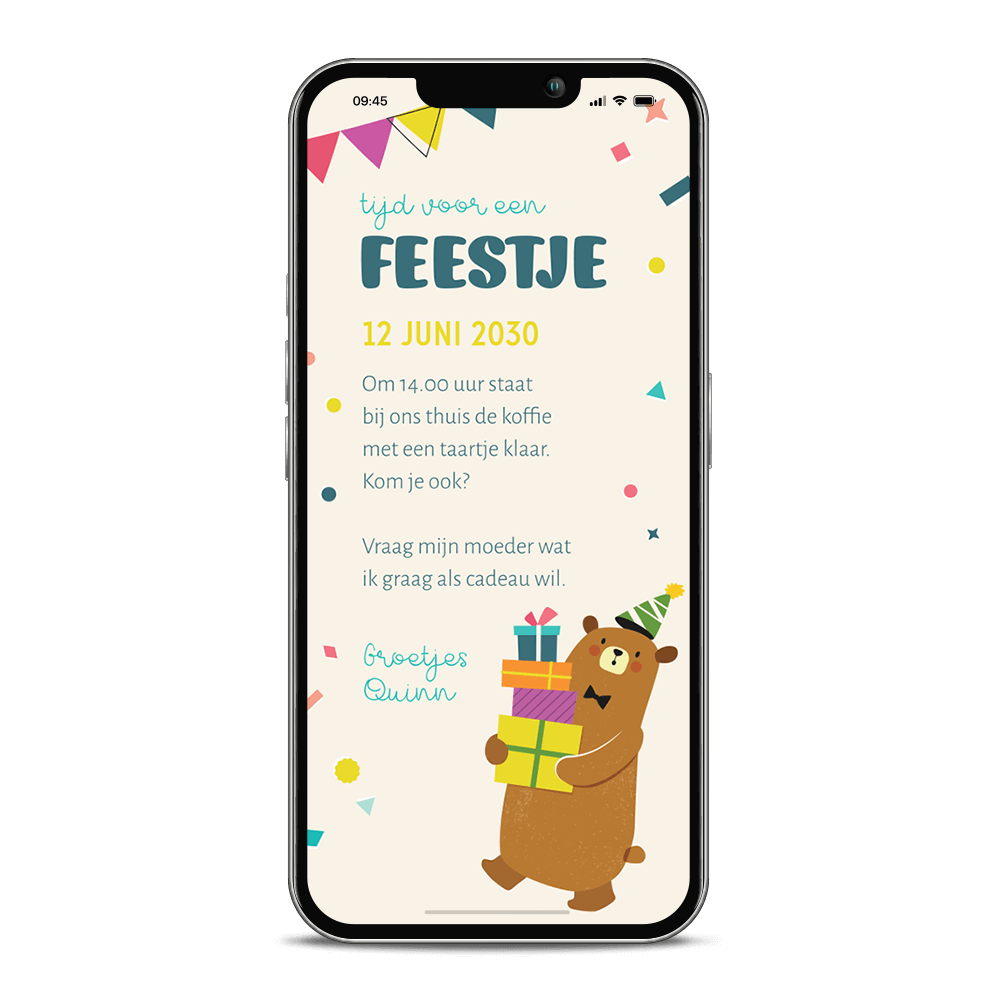 Kinderfeestje uitnodiging digitaal met confetti, slingers en beer