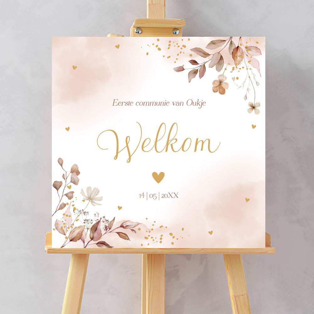 Welkomstbord communie meisje bloemen bladeren beige roze