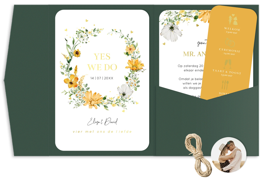 Pocketfold trouwkaart geel bloemen goudfolie