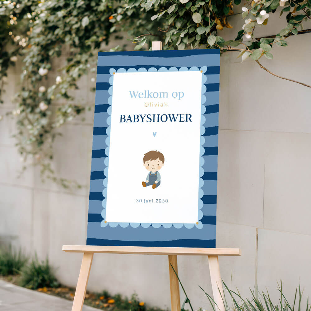 Babyshower welkomstbord illustratie jongetje met kader en strepen