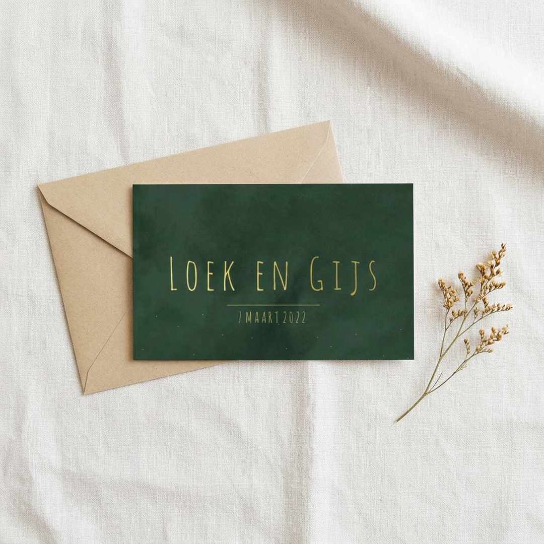 Geboortekaartje tweeling fluweellook groen met goudfolie