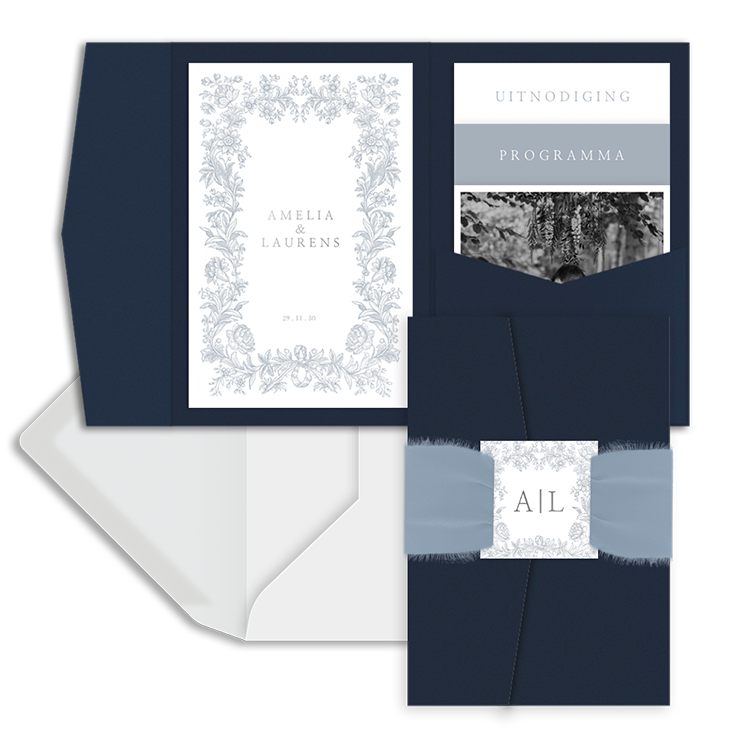 Vintage pocketfold trouwkaart in blauw/grijze tinten met foto