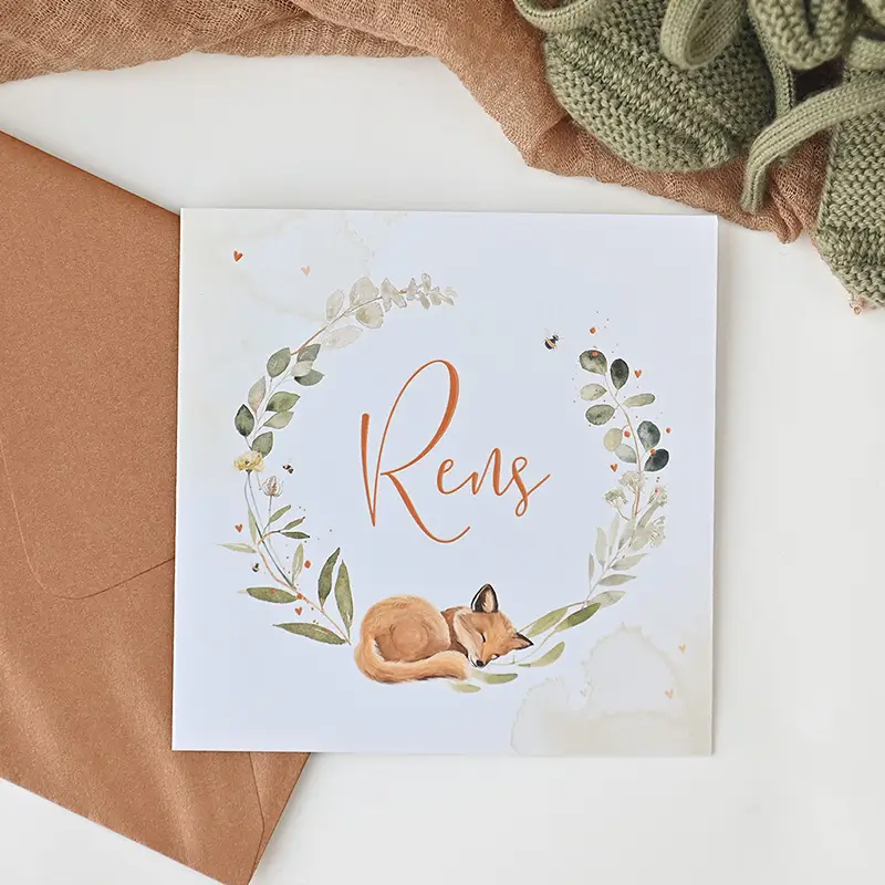 Lief geboortekaartje met watercolour, hoogglans en slapend vosje