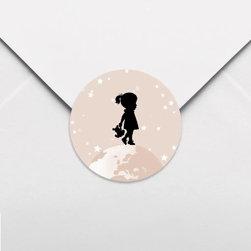 Zachtroze sluitsticker met silhouet meisje en sterretjes - per 25 stuks