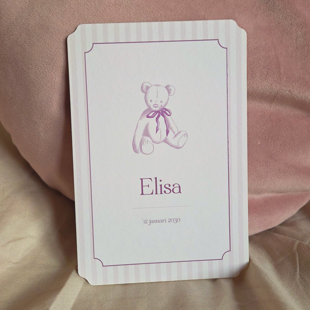 Klassiek geboortekaartje meisje met teddybeer en hoogglans