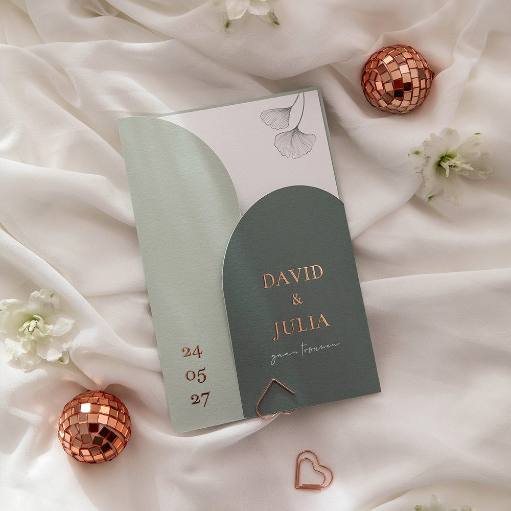 Insteekmapje trouwkaart groen rosefolie