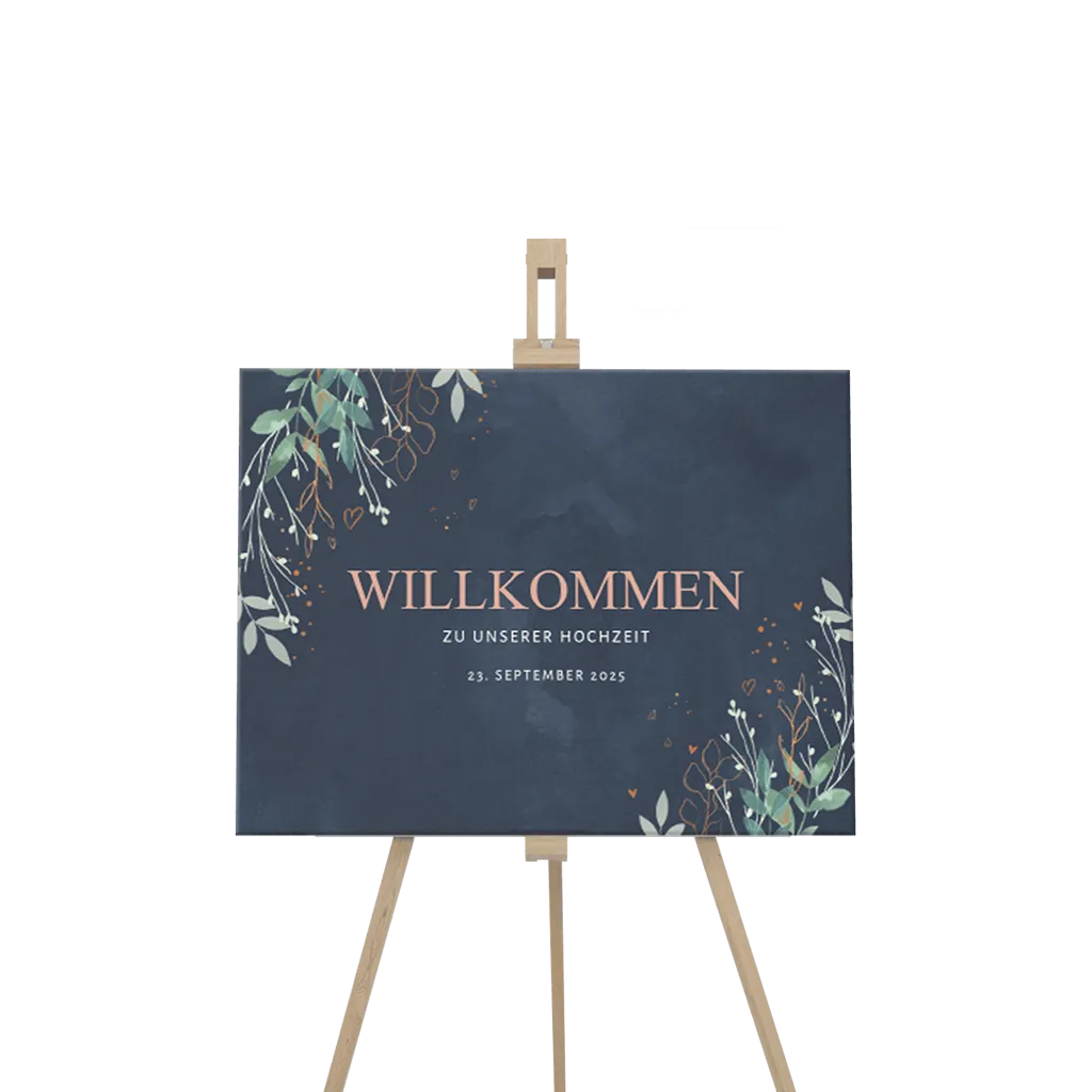 Willkommensschild Dunkelblau mit schicken Zweigen