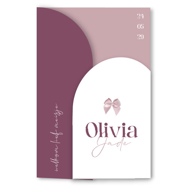 Lief geboortekaartje meisje in roze en paars met strikje