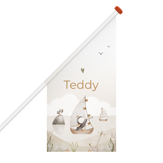 Geboortevlag unisex met zee en bootje met pinguïn