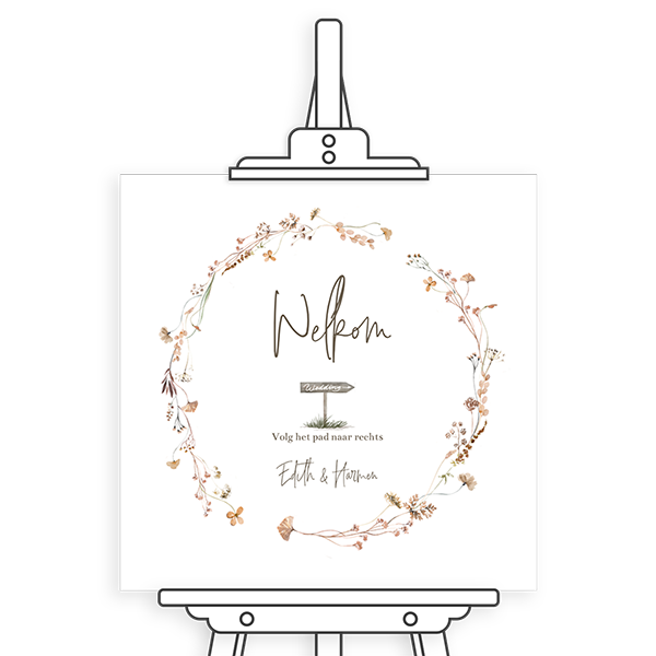 Welkomstbord met bloemenkrans in taupe