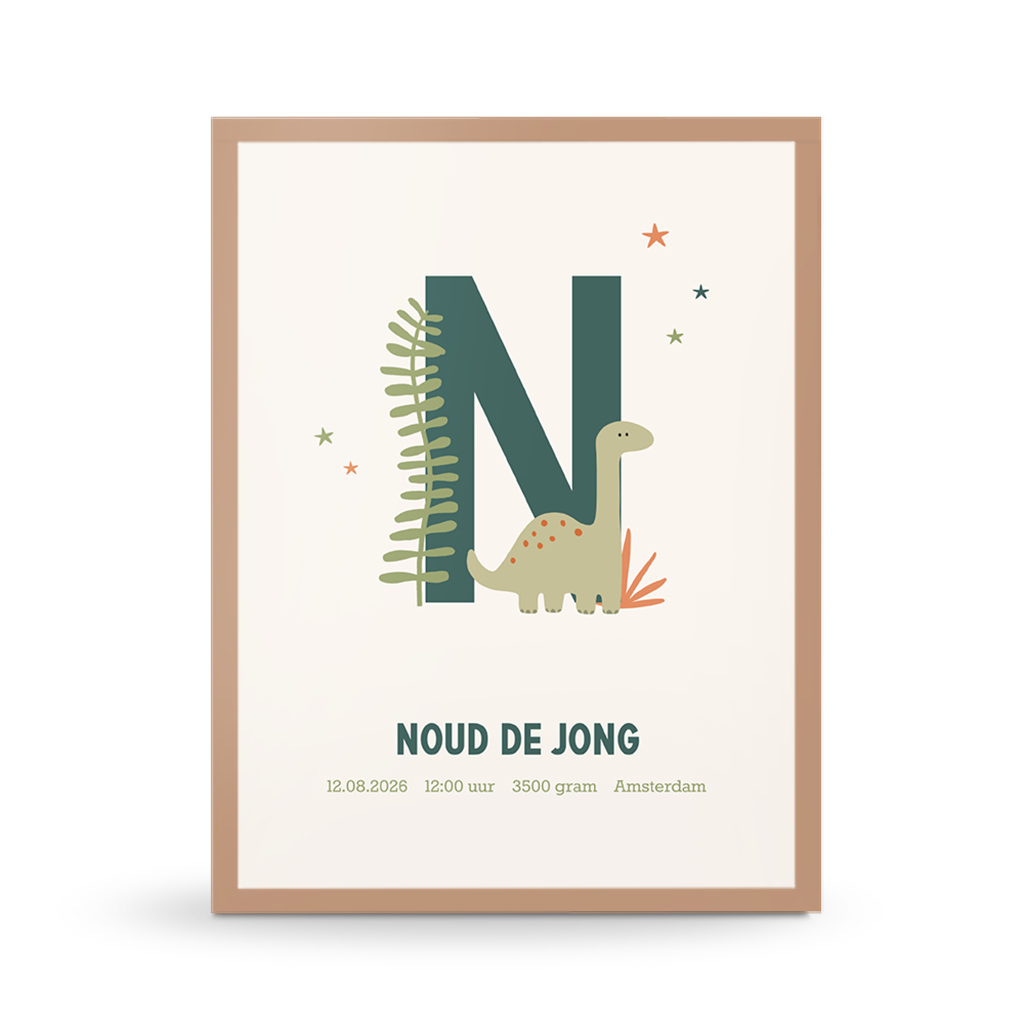 Geboorteposter babykamer met dino en letter