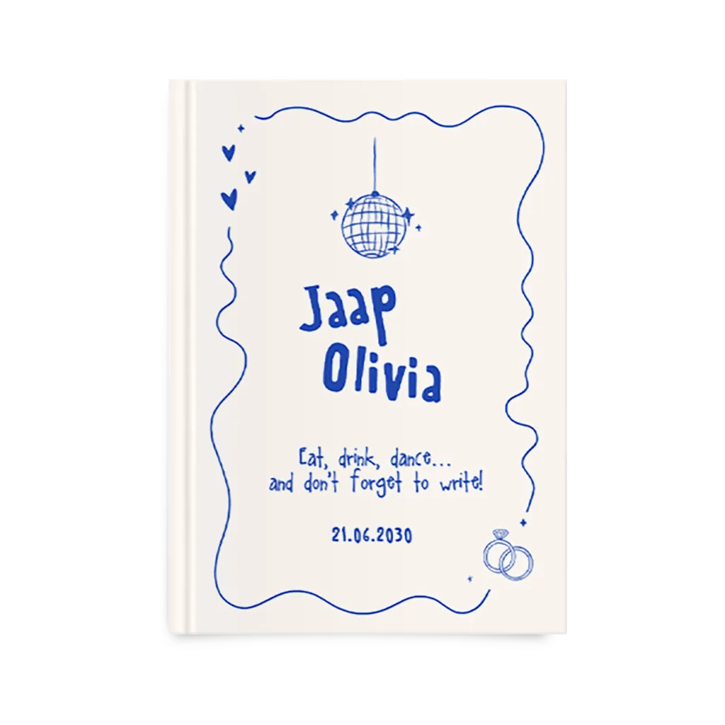 Gastenboek bruiloft in blauw en wit met illustraties
